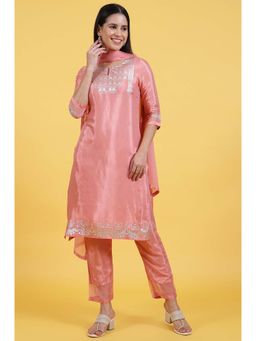 W - Pink Printed Shantung Straight Kurta with Pant & Dupatta (Set of 3)