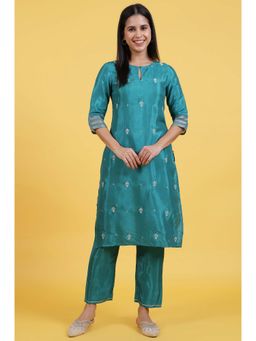 W - Blue Embroidered Rayon Straight Kurta with Pant (Set of 2)