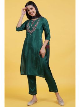 W - Green Thread Embroidered Straight Kurta with Pant & Dupatta (Set of 3)