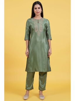 W - Light Green Embroidered Shantung Straight Kurta