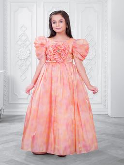 Mini Stitch - Satin Woven Puff Sleeves Tie dye print Gown - Orange