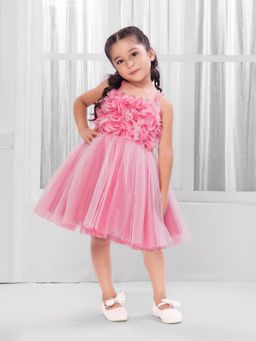 Mini Stitch - Net Woven Sleeveless Pleated Body Party Dress - Pink