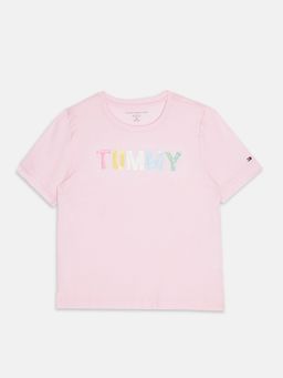 Tommy Hilfiger - Pink Girls Embellished Logo Regular Fit Cotton T-Shirt