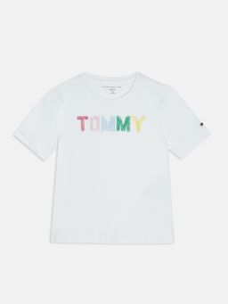 Tommy Hilfiger - White Girls Embellished Logo Regular Fit Cotton T-Shirt