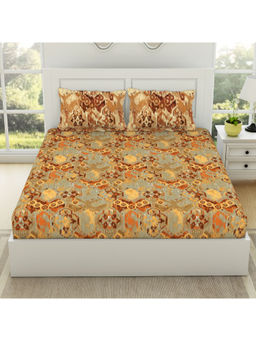 SPACES - Ikkat 100% Cotton King Fitted Sheet Cream Blush with Pillow Covers Orange (King)