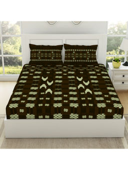 SPACES - Ikkat 100% Cotton Large Bedsheet Gothic Olive with 2 Pillow Covers Brown (King)