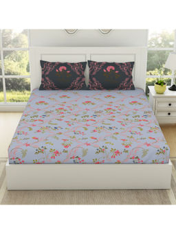 SPACES - Lattice 100% Cotton Bedsheet Whisper White with Pillow Covers Blue (King)