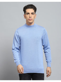 Monte Carlo - Mens Solid Blue Mock Neck Full Sleeve Pull Over Sweaters