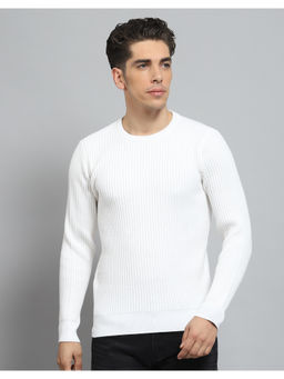 Monte Carlo - Mens Self Design White Round Neck Full Sleeve Pull Over Sweaters
