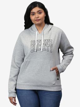 Instafab Plus - Size Women Printed Casual Hooded Sweatshirt Grey