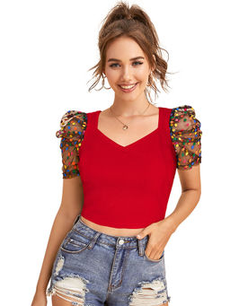 Odette - Red Knit Fabric Crop Top for Women