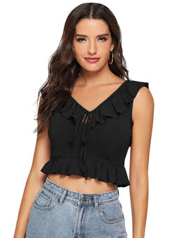 Odette - Black Knit Fabric Crop Top for Women