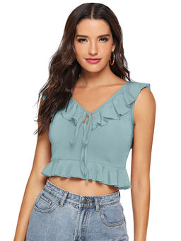 Odette - Light Green Knit Fabric Crop Top for Women