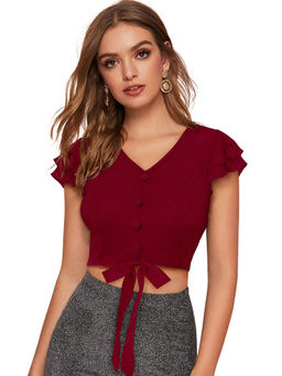 Odette - Maroon Knit Fabric Crop Top for Women