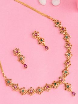 Estele - Gold Plated CZ Splendid Flower Designer Necklace for Women (Set of 2)