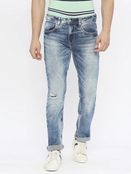 Spykar - Men Mid Blue Cotton Regular Fit Mildly Distressed Mid Rise Jeans-(Rover)