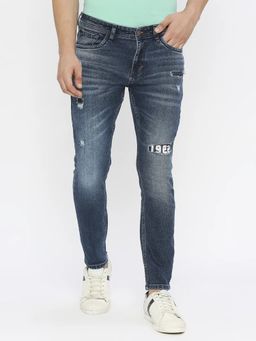 Spykar - Men Dark Blue Cotton Slim Fit Mildly Distressed Mid Rise Jeans-(Kano)