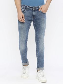 Spykar - Men Mid Blue Cotton Stretch Slim Fit Clean Look Low Rise Jeans