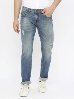 Spykar - Men Mid Blue Cotton Comfort Fit Mildly Distressed Mid Rise Jeans