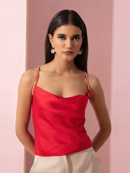 RSVP by Nykaa Fashion - Red Solid Strappy Cowl Neck Camisole Top