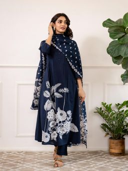 Divena - Navy Blue Printed A-Line Cotton Kurta Pant with Dupatta (Set of 3)