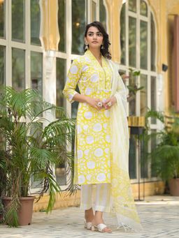Divena - Yellow Hand Block Print Pure Cotton Straight Kurta and Pant with Dupatta (Set of 3)