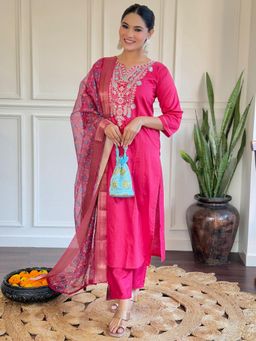 BLACK SCISSOR - Pink Colour Chanderi Embellished Kurta with Pant and Organza Dupatta