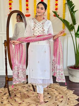 BLACK SCISSOR - White Colour Chanderi Embellished Kurta with Pant and Dupatta