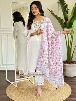 BLACK SCISSOR - White Colour Chanderi Embellished Kurta with Pant and Dupatta