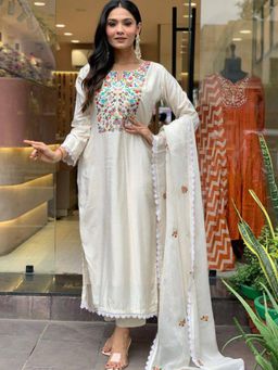BLACK SCISSOR - Off White Color Embroidered Pure Chanderi Kurta Pant with Dupatta