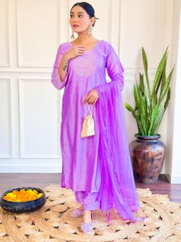 BLACK SCISSOR - Purple Colour Chanderi Embellished Kurta with Pant and Dupatta