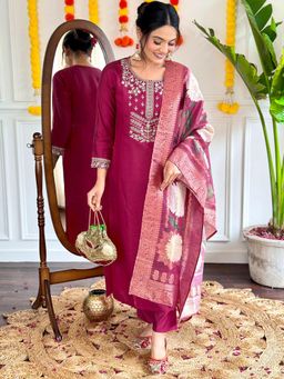 BLACK SCISSOR - Maroon Colour Chanderi Embellished Kurta with Pant and Dupatta