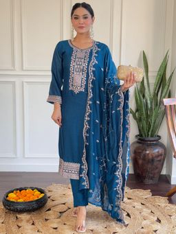 BLACK SCISSOR - Teal Colour Vichitra Silk Embellished Kurta with Pant and Dupatta