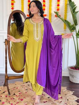 BLACK SCISSOR - Yellow Colour Rayon Slub Embellished Kurta with Pant and Dupatta