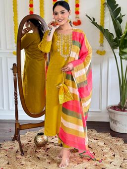BLACK SCISSOR - Mustard Colour Chanderi Embellished Kurta with Pant and Dupatta
