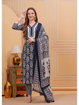 MIZAZJAIPUR - Women Cotton Printed Lace Work Straight Kurta Pant and Dupatta (Set of 3)