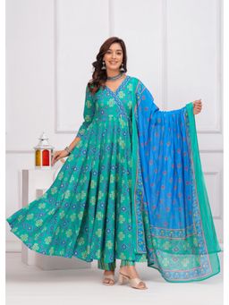 MIZAZJAIPUR - Women Cotton Printed Embroidered Angrakha Kurta Pant and Dupatta (Set of 3)