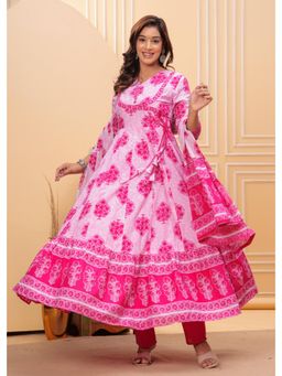 MIZAZJAIPUR - Women Cotton Printed Sequence Angrakha Kurta Pant and Dupatta (Set of 3)