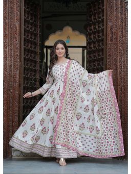 MIZAZJAIPUR - Women Cotton Printed Mirror Work Round Neck Anarakali Pant and Dupatta (Set of 3)