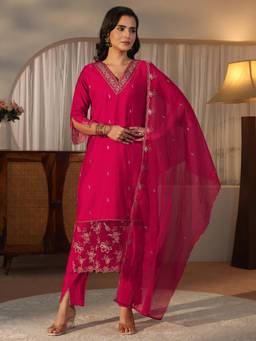 Libas - Pink Floral Embroidered Silk Blend Straight Kurta with Trouser & Dupatta