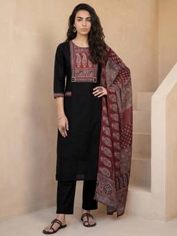 Libas - Black Paisley Printed Yoke Design Kurta & Solid Trouser With Dupatta