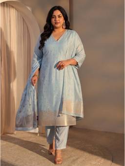 Extra love by Libas - Blue Ethnic Motifs Woven Design Kurta With Solid Trouser And Dupatta
