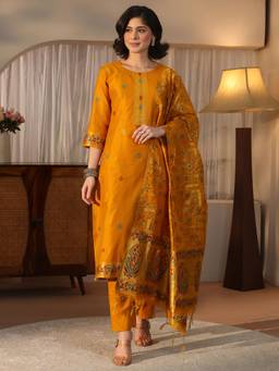 Libas - Mustard Ethnic Woven Design Chanderi Silk Straight Kurta with Trouser & Dupatta