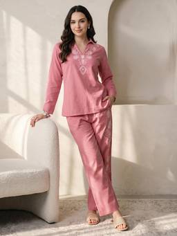 Libas - Mauve Embroidered Yoke Design Tunic With Embroidered Palazzo