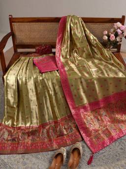 Libas - Green Woven Design Unstitched Choli with Lehenga and Woven Design Dupatta