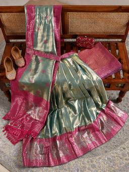 Libas - Green Woven Design Unstitched Choli with Lehenga and Woven Design Dupatta