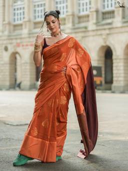 Suta - Rust Orange Cotton Acrylic Saree with Gold Zari Floral Motifs and Maroon Pallu