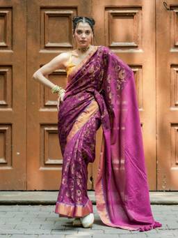 Suta - Magenta Cotton Acrylic Saree with Gold Zari Floral Jaal