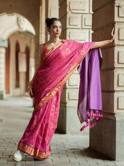 Suta - Pink Cotton Acrylic Saree with Gold Zari Floral Jaal