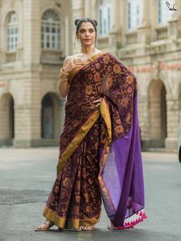 Suta - Brown Cotton Acrylic Saree with Gold Zari Floral Motifs
